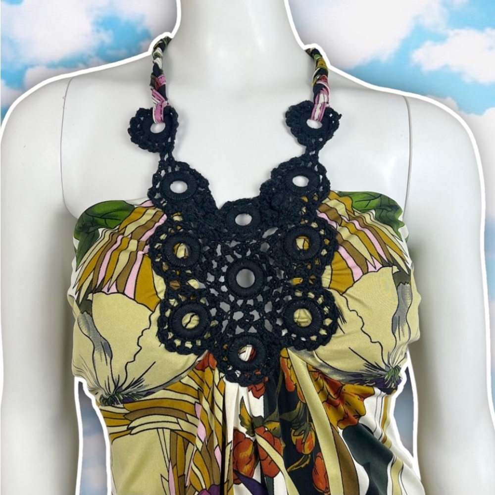 HALE BOB Y2K Tropical Crochet Trim Silk Halter Mini Dress Beach Coastal Boho - Picture 3 of 11